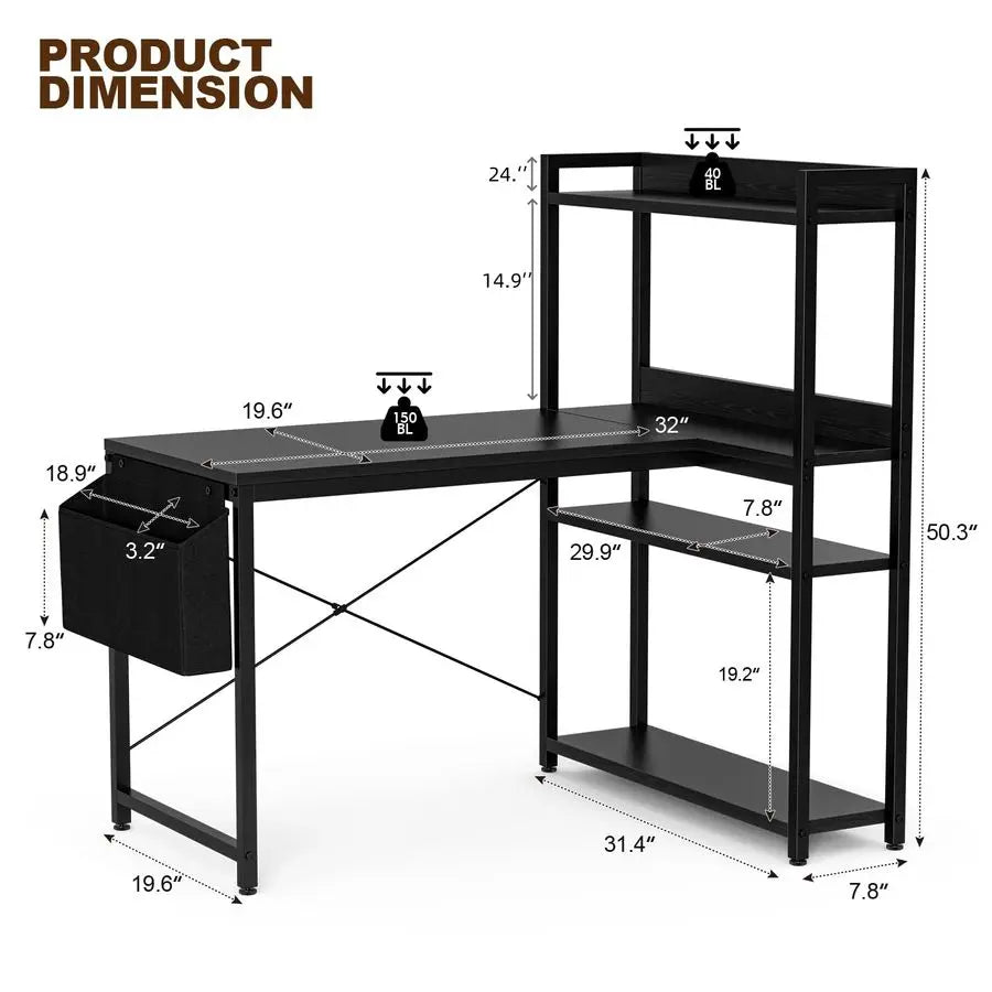 40 Inch L Shaped Computer Desk with Reversible Storage Shelves, Home Office Corner Desk Study Writing Table with Hutch, Study,