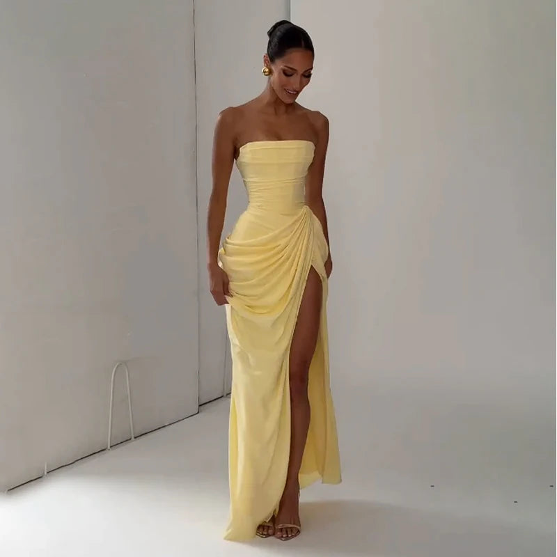 Elegant Yellow Strapless Pleated Dress Women Chic Sleeveless Waist Cinching Split Maxi Gowns 2026 Summer Lady Evening Party Robe
