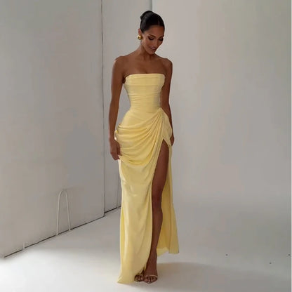Elegant Yellow Strapless Pleated Dress Women Chic Sleeveless Waist Cinching Split Maxi Gowns 2026 Summer Lady Evening Party Robe