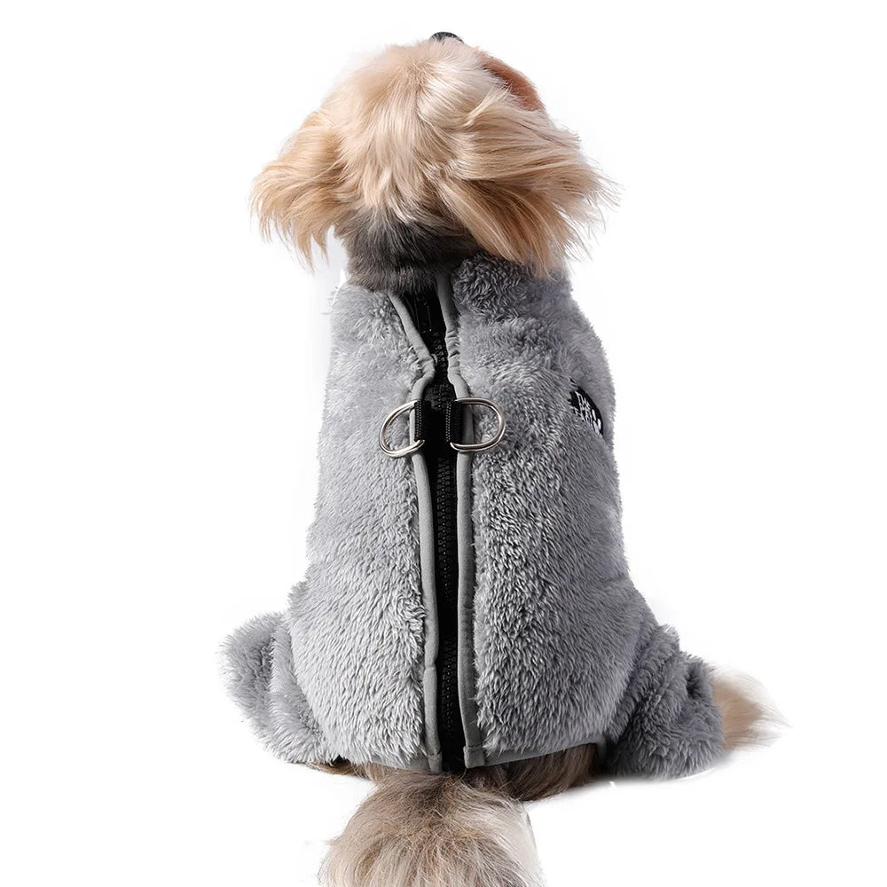 Soft Fleece Dog Clothes Winter Four Legs Covered Plush Pet Coat D-Ring Zipper Puppy Jacket Autumn Overall For Small Middle Dog