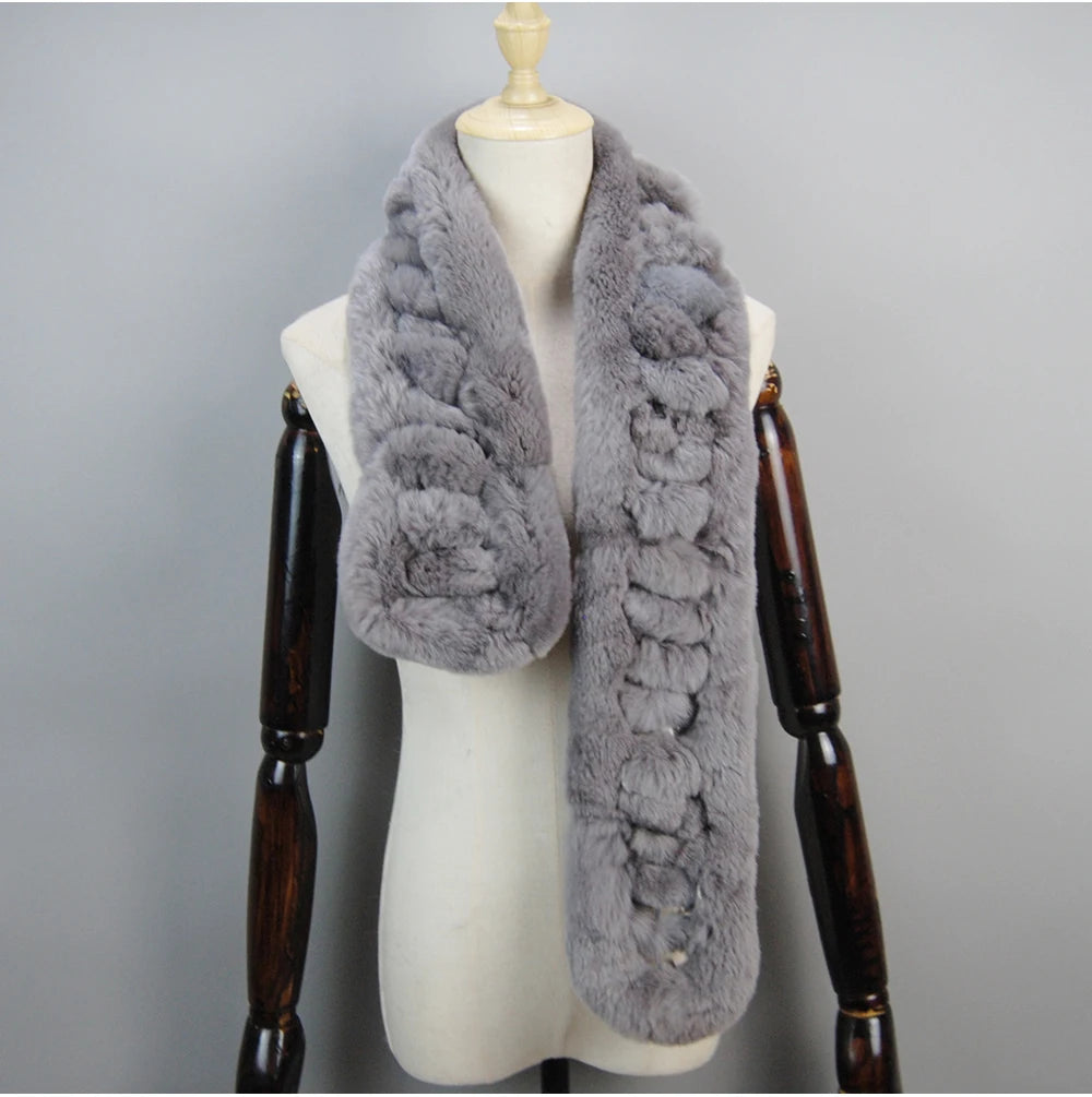 Winter Women Knitted Real Rex Rabbit Fur Scarf Natural Soft Long Style Rex Rabbit Fur Muffler Lady Warm 100% Genuine Fur Scarves