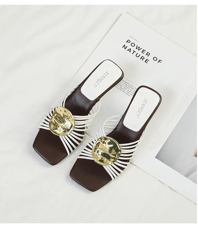 Luxury Designer Square Toe Slippers Heeled Sandals for Woman Shoes 2026 New Elegant Pumps Flip Flops Dress Summer Mujer Zapatos