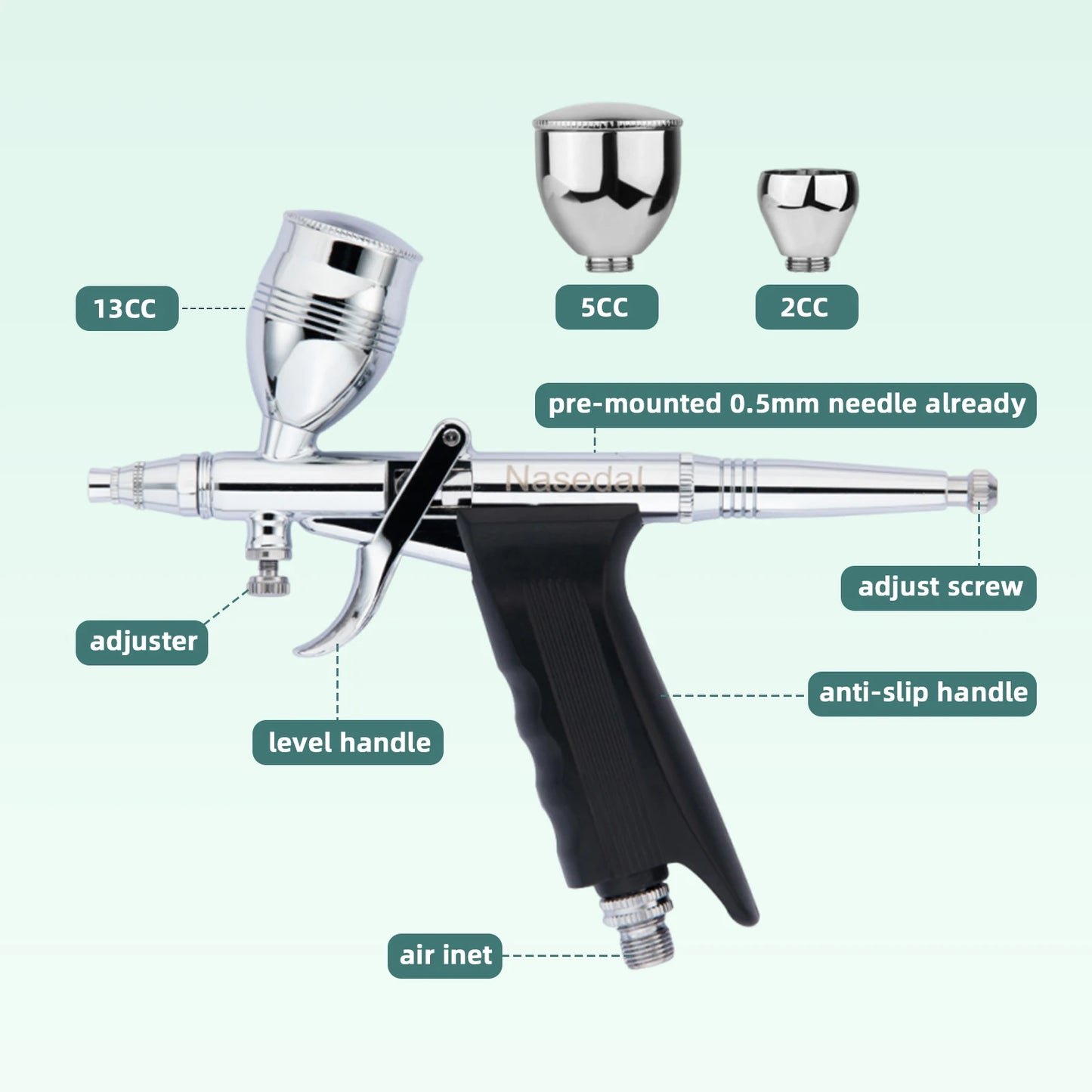 Nasedal 0.3mm 0.5mm 0.8mm Double Action Airbrush Spray Gun 2cc 5cc 13cc for Gundam Model Painting Nail Art DIY Decor NT-116B