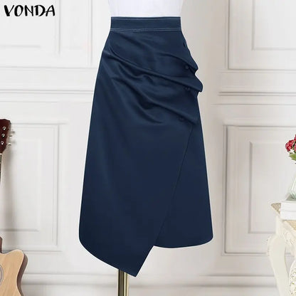 VONDA Plus Size 5XL Elegant Women Satin Skirts High Waist Button Pleated Asymmetrical Maxi Jupes Fashion Solid Long Faldas Saia