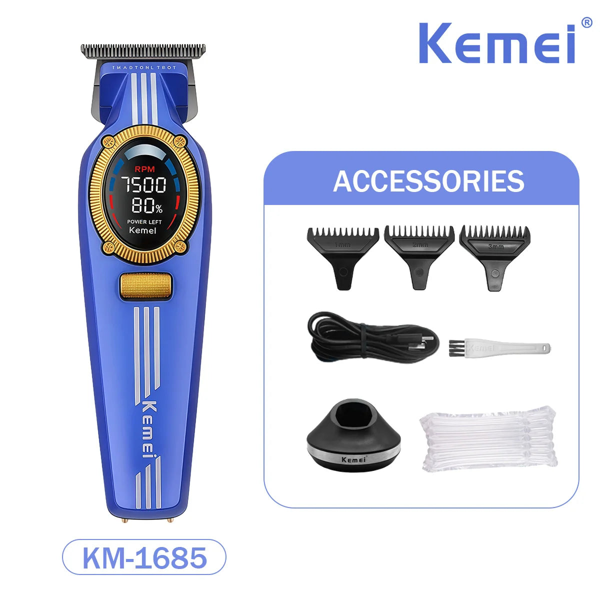 Kemei Trimmer Professional Hair Clippers Rechargeable Clippers 9000 RPM DLC Blade LCD Display Trimmer for Men KM-1685 KM-1692