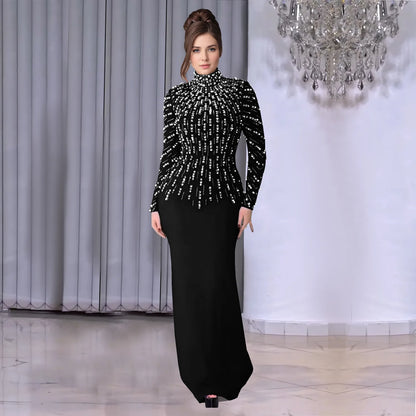 Temperament Elegant Party Diamond Pearl Long Bodycon Dress Women O Neck Long Sleeve Glitter Club Evening Black Sheath Maxi Dress
