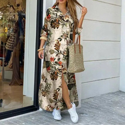 New Autumn Long Dress Long Sleeve Shirt Dress Women Denim Long Dresses Pocket Button Shirt Print Dress Casual Loose Dresses 2023