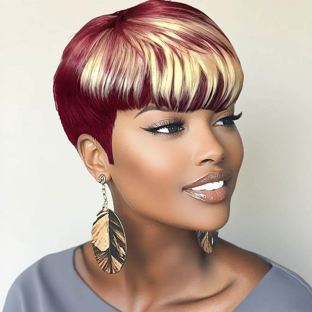 Pixie Cut Wigs For Women Brazilian Human Hair 99J Red 613 Short Wig With Bangs Layered Pixie Cut Wigs Full Machine Made Wig