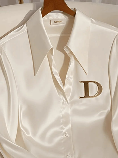 Elegant French Women's White Satin Shirt Turn-down Collar Long Sleeve Blouse Autumn/Winter for Women Casual Simple Office Lady
