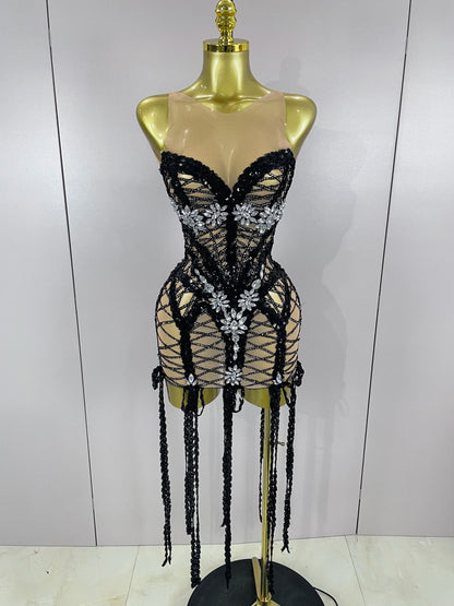 2025 Sparkle Sequins Embroider Diamonds Sleeveless Long Tassel Mini Dress Women Celebrate Evening Birthday Dress Stage Costume