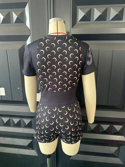 Women 2 Piece Set Short Sleeve T Shirt Shorts Suits Letter Moon Printed Sporty Slim Fit Elastic Autumn Casual Tracksuits
