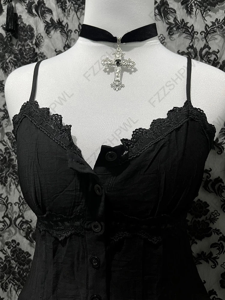 Gothic Y2K Aesthetic Women's Camisole Top Casual Slim Fit Sexy Solid Color Lace Crop Tees Grunge Punk Hotties Summer Streetwear