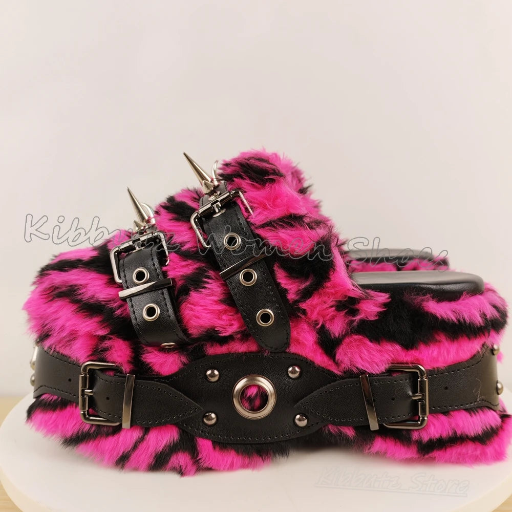Rivets Slipper Furry Sandals Platform Round Toe Thick Bottom Spicy Girl Shoes Punk Rock Novelty Fashion Luxury Elegant Concise