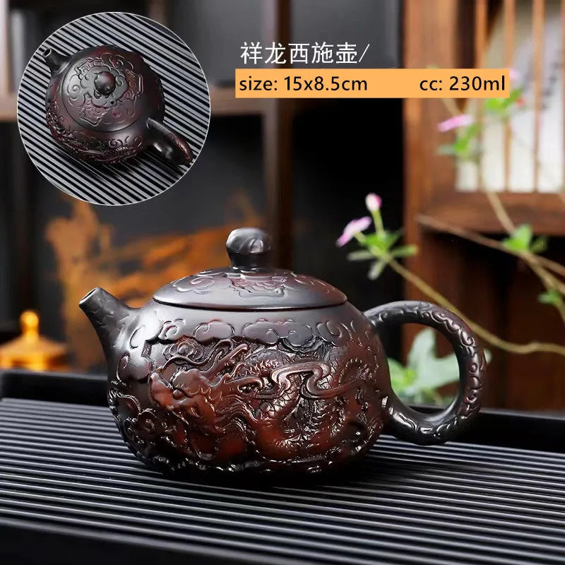 Purple Pottery Relief Teapot Hand-carved Dragon Pattern Beauty Kettle Traditional Ball Hole Filter Pot Chinese Zisha Tea Set