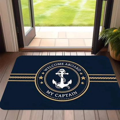 Welcome Aboard My Captain Door Mat Nautical Anchor Rope Design Non-slip Floor Rug for Living Room Bedroom Office Home Decor