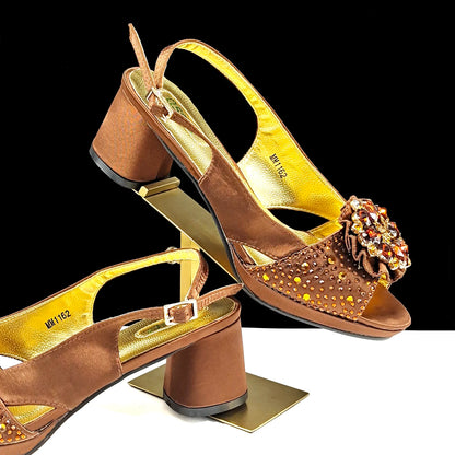 QSGFC Open Toe Women Heels for 2024 Elegant Party Olive Color Diamond Pumps Italian Shoes and Bags Matching Set