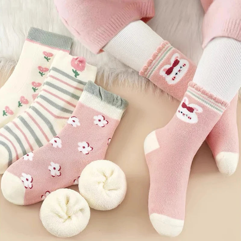 5 Pairs Thickened Fleece Rabbits Pattern Children Girls Warm Socks Lovely Trendy Soft Comfortable Elastic Half Sock for Girls