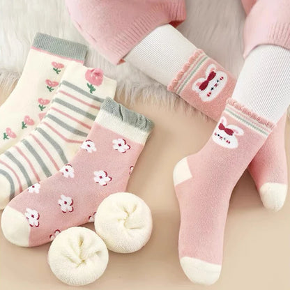 5 Pairs Thickened Fleece Rabbits Pattern Children Girls Warm Socks Lovely Trendy Soft Comfortable Elastic Half Sock for Girls