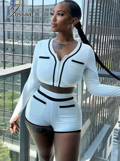 Joskaa 2025 Women's Patchwork Sporty 2 Piece Set Casual Full Sleeve Zip Crop Tops+Shorts Matching Tracksuits Y2k Streetwear