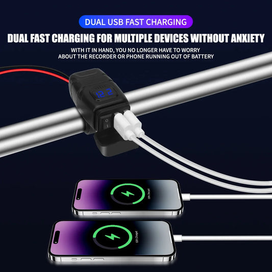 1x Motorcycle Dual USB Socket QC3.0 Fast Charger 60W Handle Style with Switch Voltmeter Waterproof 12V Power Supply Adapter Kit