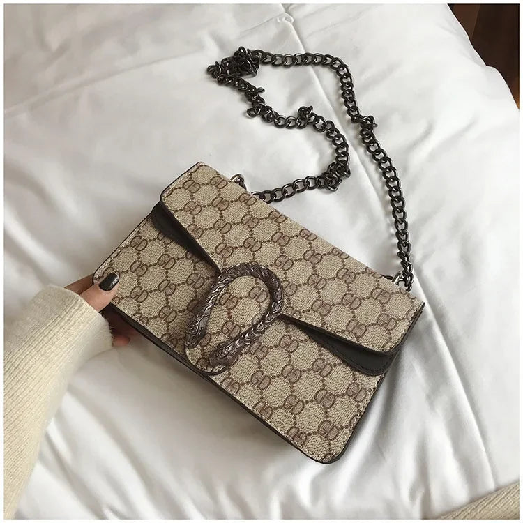 Fashionable Mini Printed Chain Women's Bag Crossbody Shoulder Bag Soft PU Leather Square Shape Bag with Phone Pocket