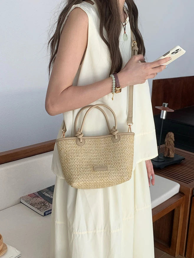 Summer Vacation Women's Beach Straw Shoulder Bag Retro Design Ladies Portable Crossbody Bags Knot Basket Woven Tote Handbags
