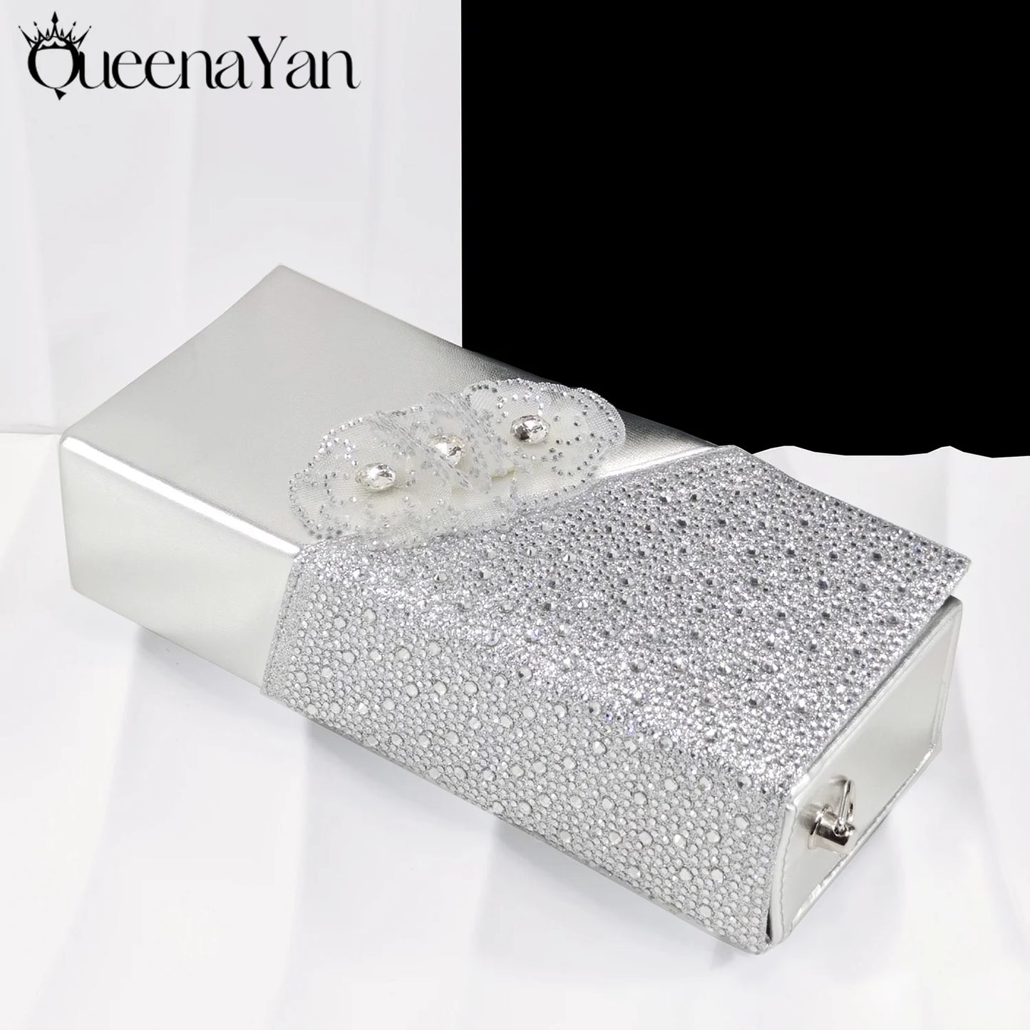 QueenaYan 2026 Elegant Silver Pointed-Toe High Heels Shoes with Diamond Accents & Matching Bag - Ideal for Party Elegance