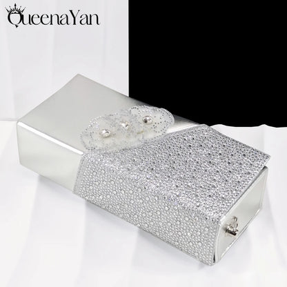 QueenaYan 2026 Elegant Silver Pointed-Toe High Heels Shoes with Diamond Accents & Matching Bag - Ideal for Party Elegance