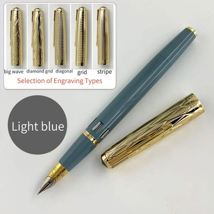 WingSung 601A Double Blue Stone Fountain Pen Gold Carving Cap Vacuum Piston F 0.5mm Iridium Wrapped Nib Writing Ink Pens Gift
