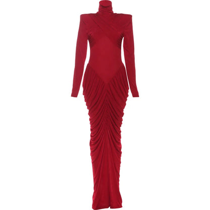 Weird Puss Autumn New Style Maxi Dress Women Turtleneck Full Sleeve Backless Skinny Stretch  Prom Party Ruched Elegant Vestidos