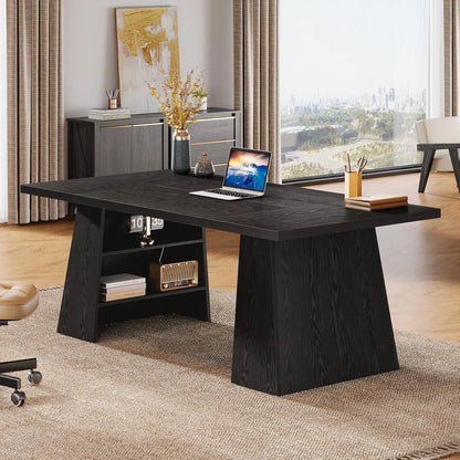 63-Inch Executive Desk, Modern Black Office Desk with Double Pedestal and Storage Shelves, Simple Large Computer, Customized