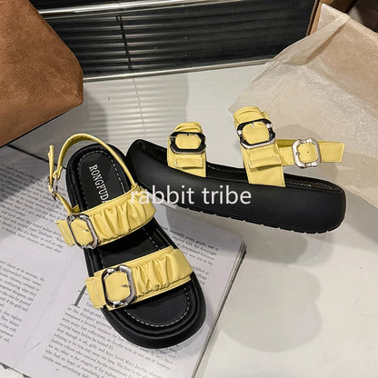 Designer's One Word Buckle Thick Bottom Women's Sandals Luxury Women's Shoes Round Head Fish Mouth Shoes Sponge Bottom Sandals