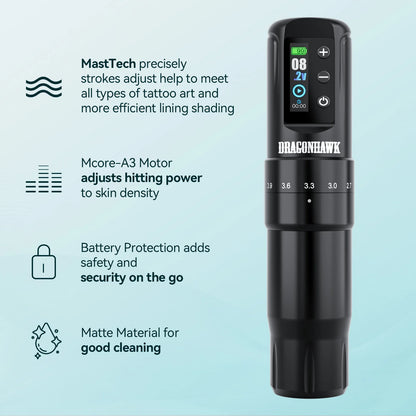 Dragonhawk Wireless Tattoo Machine 7 Strokes Length Power By Mcore-A3 Wireless Wire Battery RCA  Pen Rotary Gun Supplies