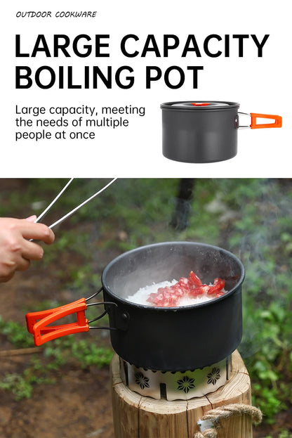 Camping Cooking Set, Outdoor Kitchenware Set, Aluminum Portable Tableware Kitchenware POTS Bowls Kettles Hiking Picnic Equipment