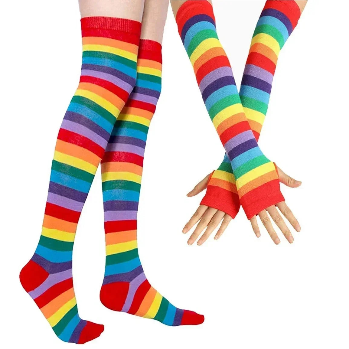 TRALOW Womens Socks Striped Knee High Socks Arm Warmer Fingerless Gloves Set Costume Accessories for Cosplay Christmas Punk
