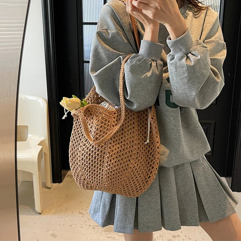 Chic Simple Lady Large Capacity Shoulder Bags Shopping Beach Bag for Women Casual Straw Woven Tote Bag Female Handbag Purses