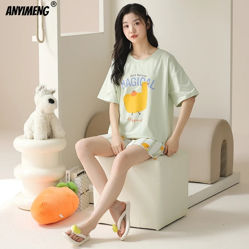 100% Pure Cotton Women Pajamas Summer Cartoon Print Pijamas Girls Nightwear Homewear Short Sleeve Sleepwear O-neck Loungewear