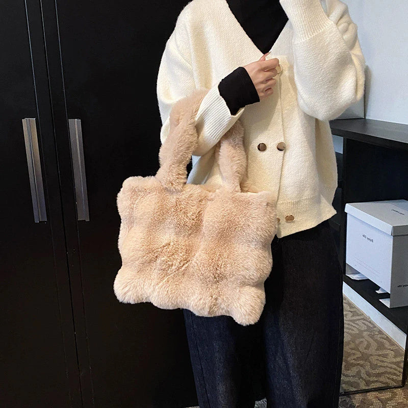 Women's Fluffy Plush Shoulder Bag Autumn Winter Top-Handle Solid Color Tote Versatile Commuter Handbag for Girls