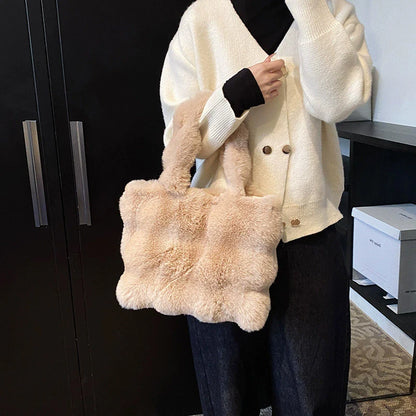 Women's Fluffy Plush Shoulder Bag Autumn Winter Top-Handle Solid Color Tote Versatile Commuter Handbag for Girls