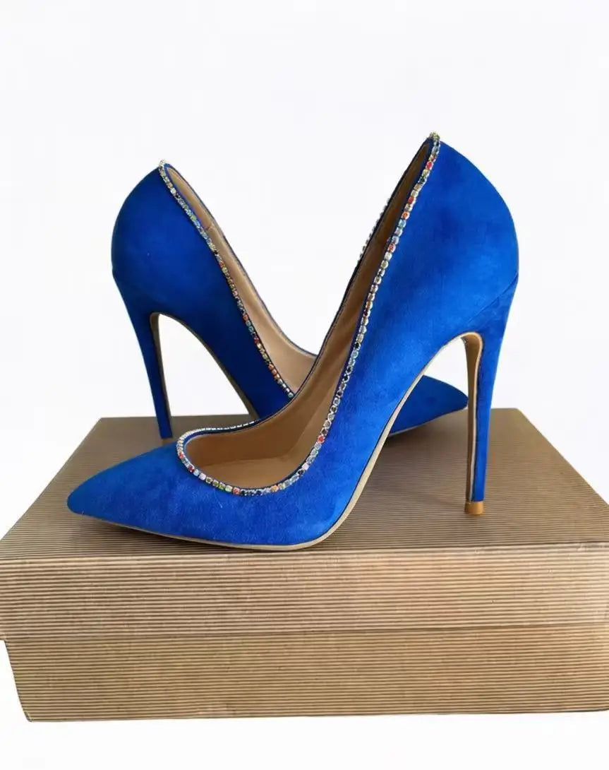 New Style Fashion Women Pumps Blues Suede Rhinestone Shallow Mouth High Heels Single Shoes Pointy Toe Stiletto Party Lady Shoes