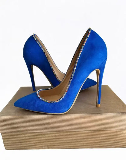 New Style Fashion Women Pumps Blues Suede Rhinestone Shallow Mouth High Heels Single Shoes Pointy Toe Stiletto Party Lady Shoes