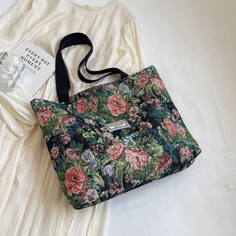 Stylish Corduroy Tote Bag for Women Bohemian Ethnic Style Shoulder Bag for Daily Commuting Shopper Office Worker College Student