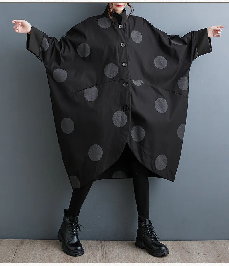 Oversized Polka Dot Trench Coat Women Vintage Autumn Loose Ladies Outwear Casual Trench Coats Fashion Woman Long Jacket Coat