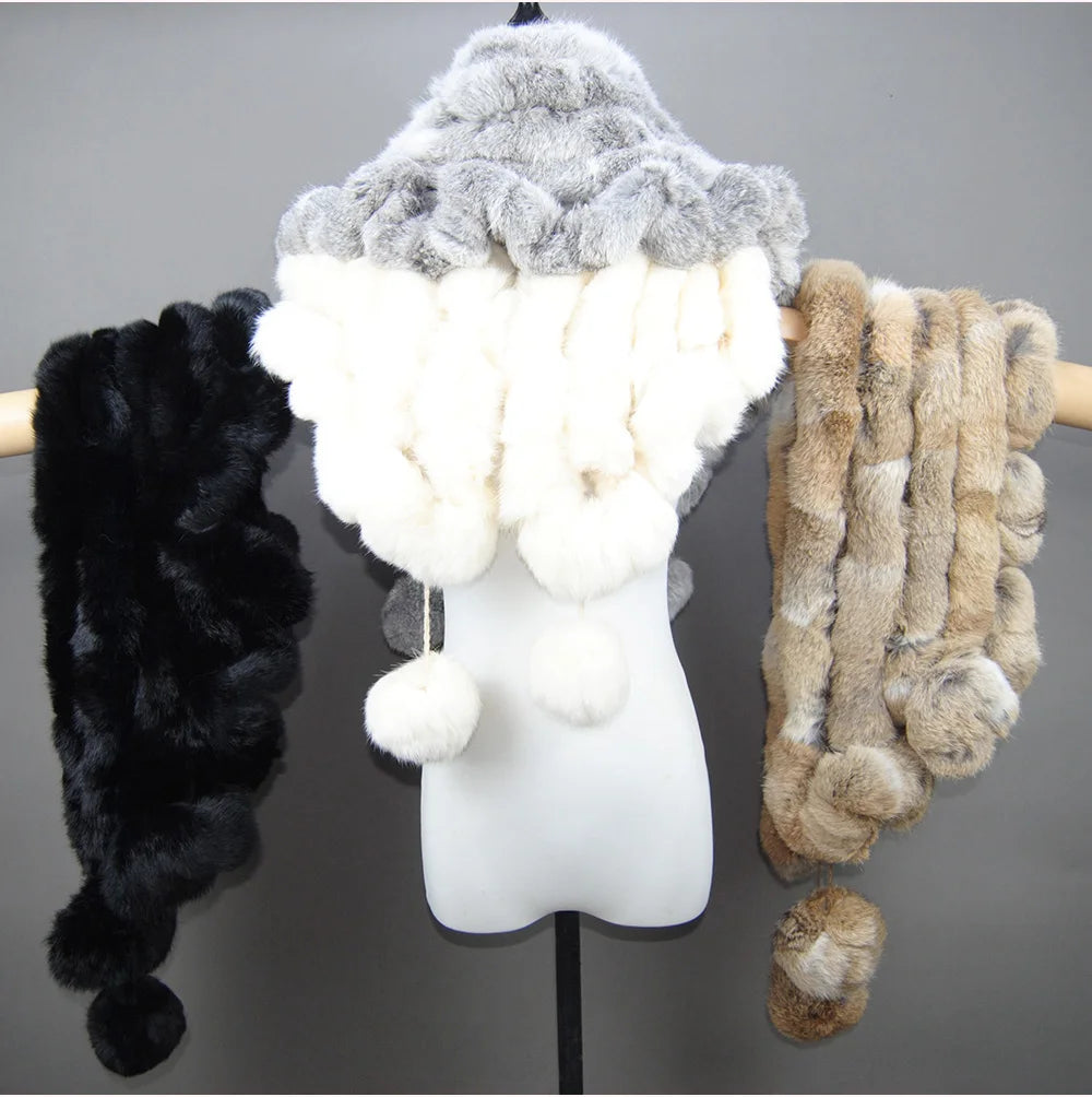 New Lady Winter Real Rabbit Fur Scarf Natural Warm Soft Rabbit Fur Shawl Women Fashion Outdoor Knit 100% Real Rabbit Fur Scarves