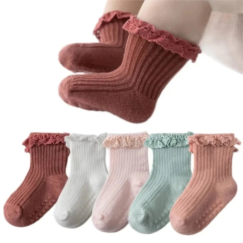 1/3/4/5pairs Cotton Pure Color Toddler Girl Lace Socks Infant Baby Girls Non-slip Socks Young Children Girl Cute Half Knee-socks