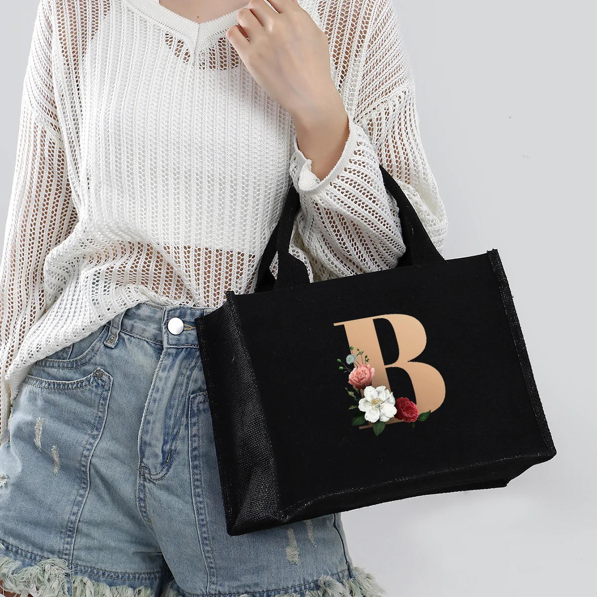 Black hand-held canvas bag, 26 letter printed women's handbag, large capacity portable leisure beach bag, indoor waterproof