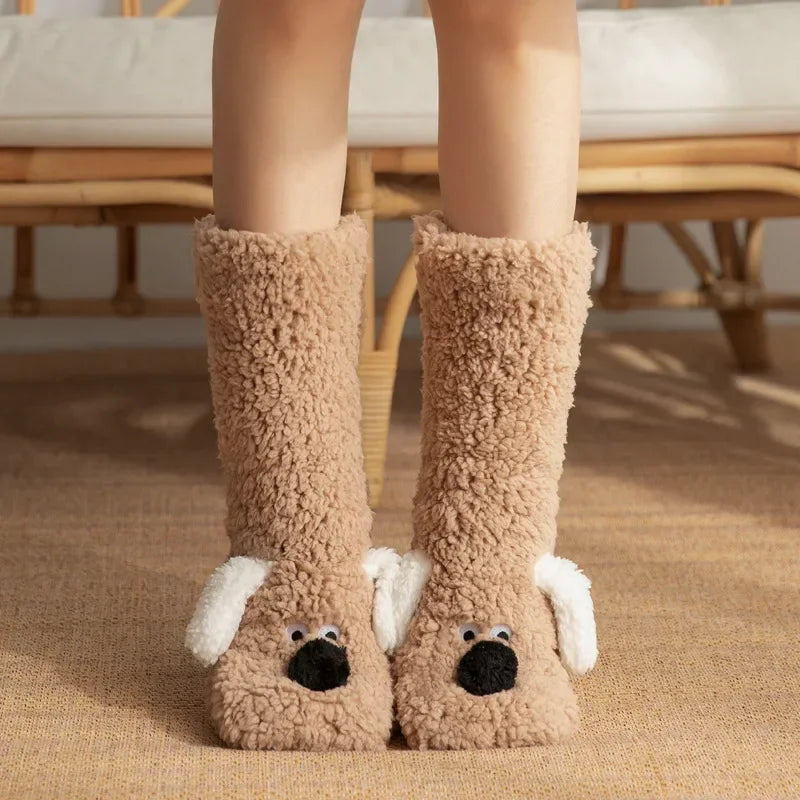 Fuzzy Fluffy Sock Women Cartoon 3D Dog Winter Warm Plush Non slip Home Sleeping Soft Female Floor Thermal Funny Slipper Sock