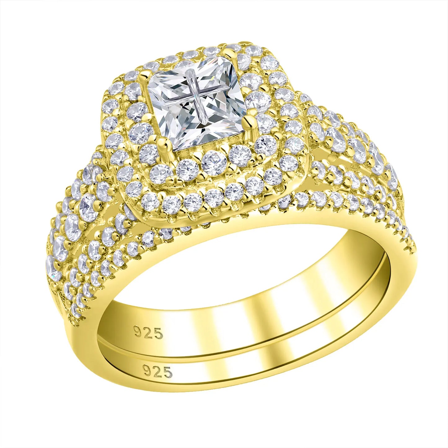 Newshe Luxury 925 Sterling Silver Halo Wedding Ring Set for Women Elegant Yellow Gold Plated Princess Simulated Diamond Rings