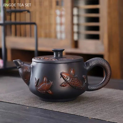 Purple Pottery Relief Teapot Hand-carved Dragon Pattern Beauty Kettle Traditional Ball Hole Filter Pot Chinese Zisha Tea Set