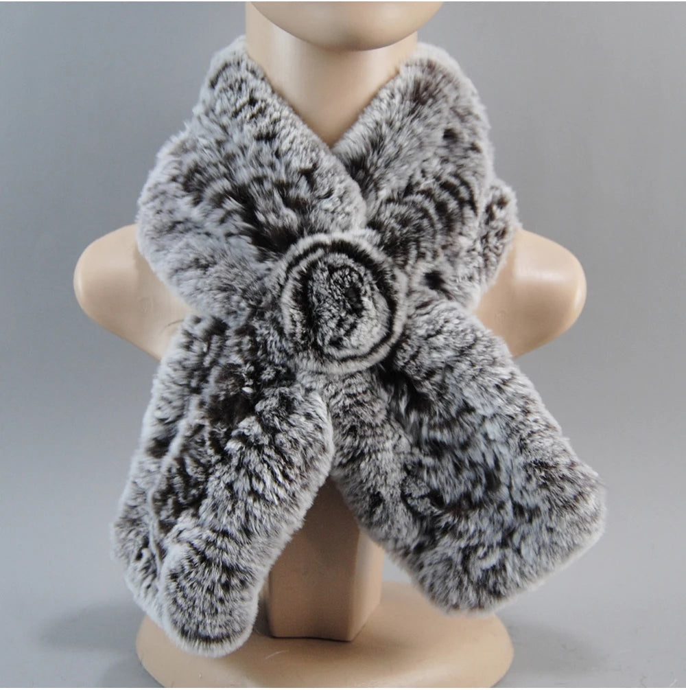 Hot Russian Women Knit Real Rex Rabbit Fur Scarf Lady Fashion Floral Rex Rabbit Fur Mufflers Hot Winter Warm Natural Fur Scarves